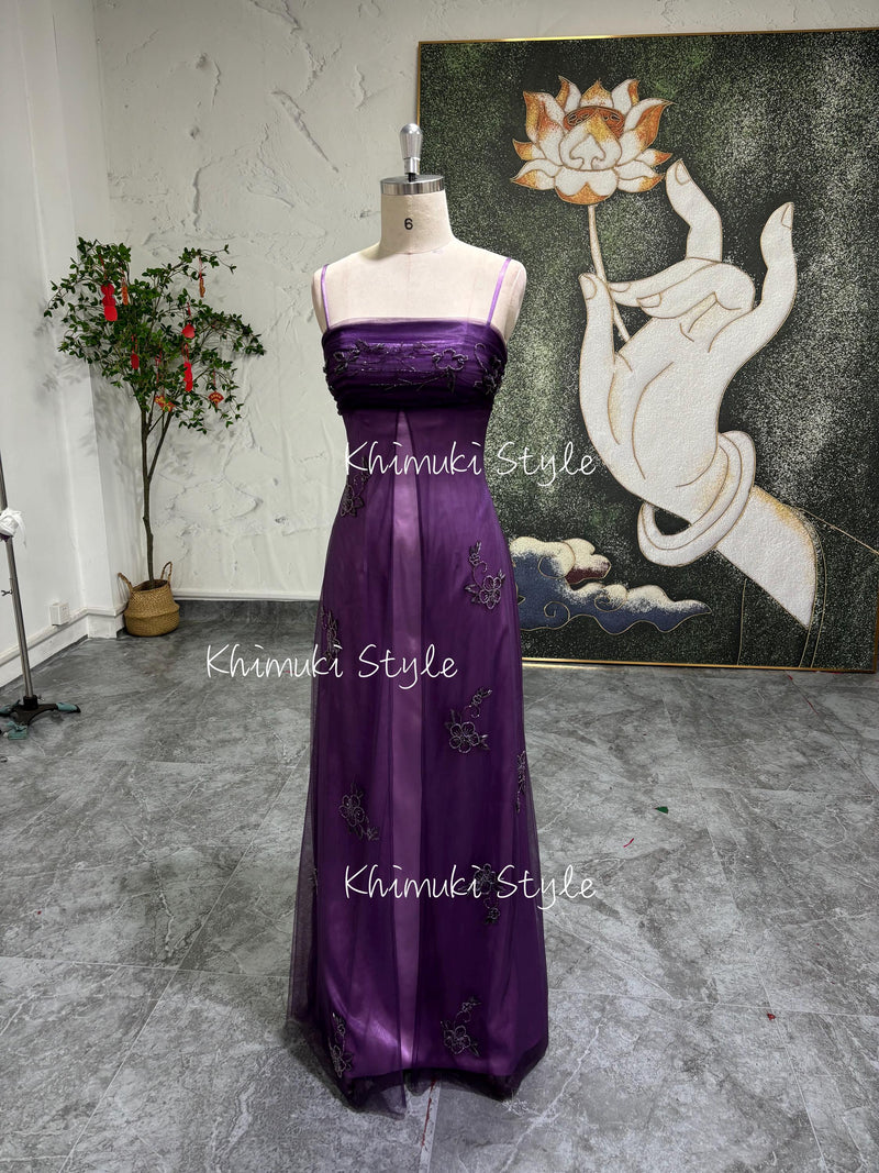 Handmade Beaded 90S Prom Dress,Vintage Grape Party Dress