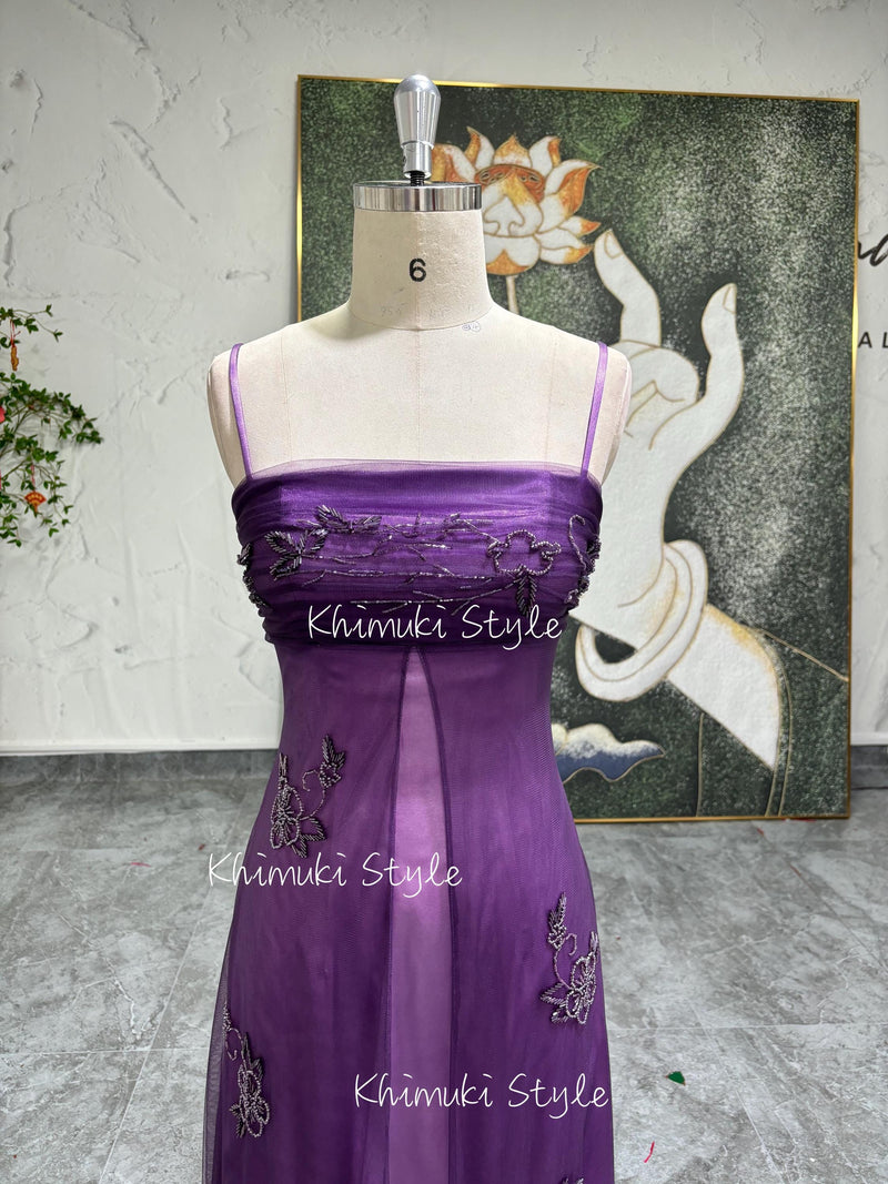 Handmade Beaded 90S Prom Dress,Vintage Grape Party Dress