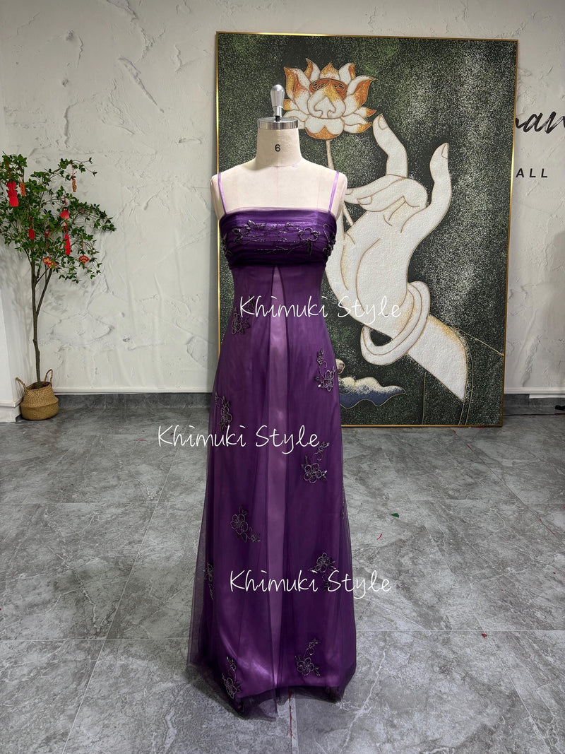 Handmade Beaded 90S Prom Dress,Vintage Grape Party Dress