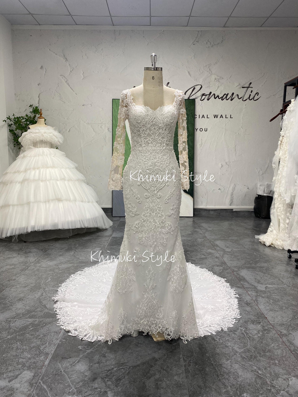 Mermaid Long Sleeve Lace Wedding Dress,Sheer Lace Wedding Dress