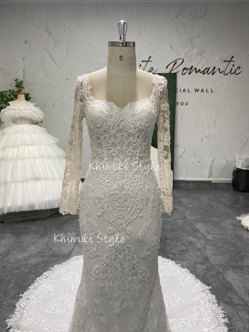 Mermaid Long Sleeve Lace Wedding Dress,Sheer Lace Wedding Dress