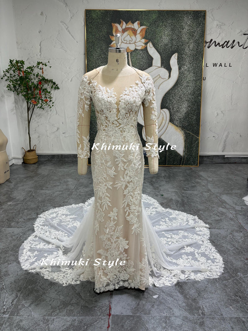 Classic Mermaid Long Sleeve Lace Wedding Dress,Colorful Wedding Dress