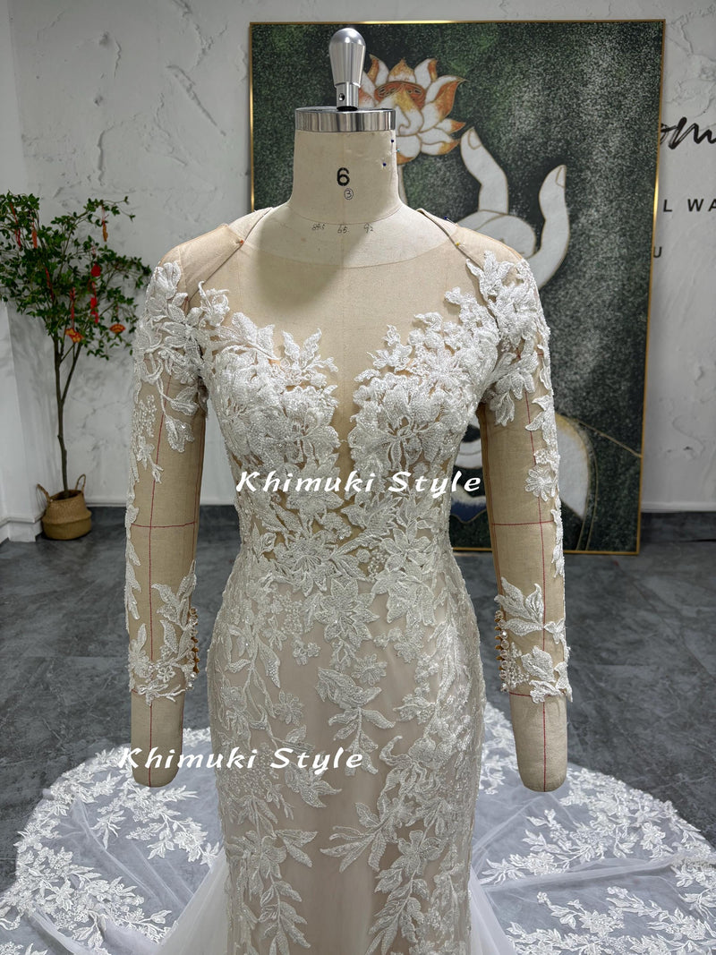 Classic Mermaid Long Sleeve Lace Wedding Dress,Colorful Wedding Dress