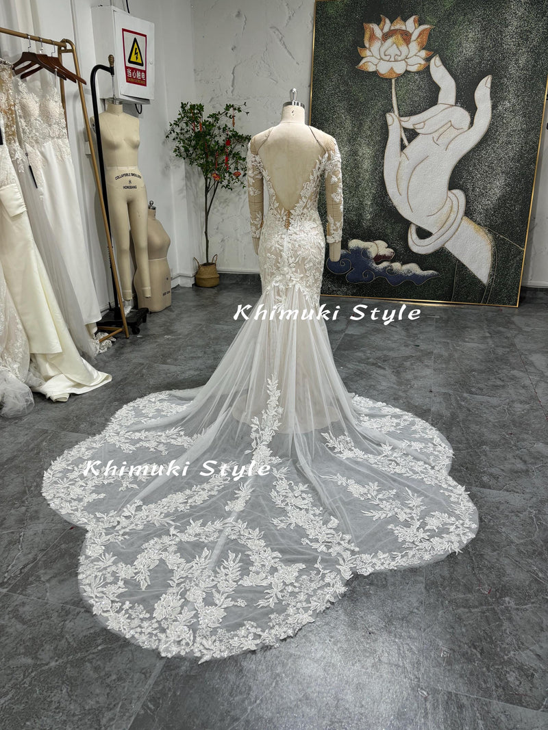 Classic Mermaid Long Sleeve Lace Wedding Dress,Colorful Wedding Dress