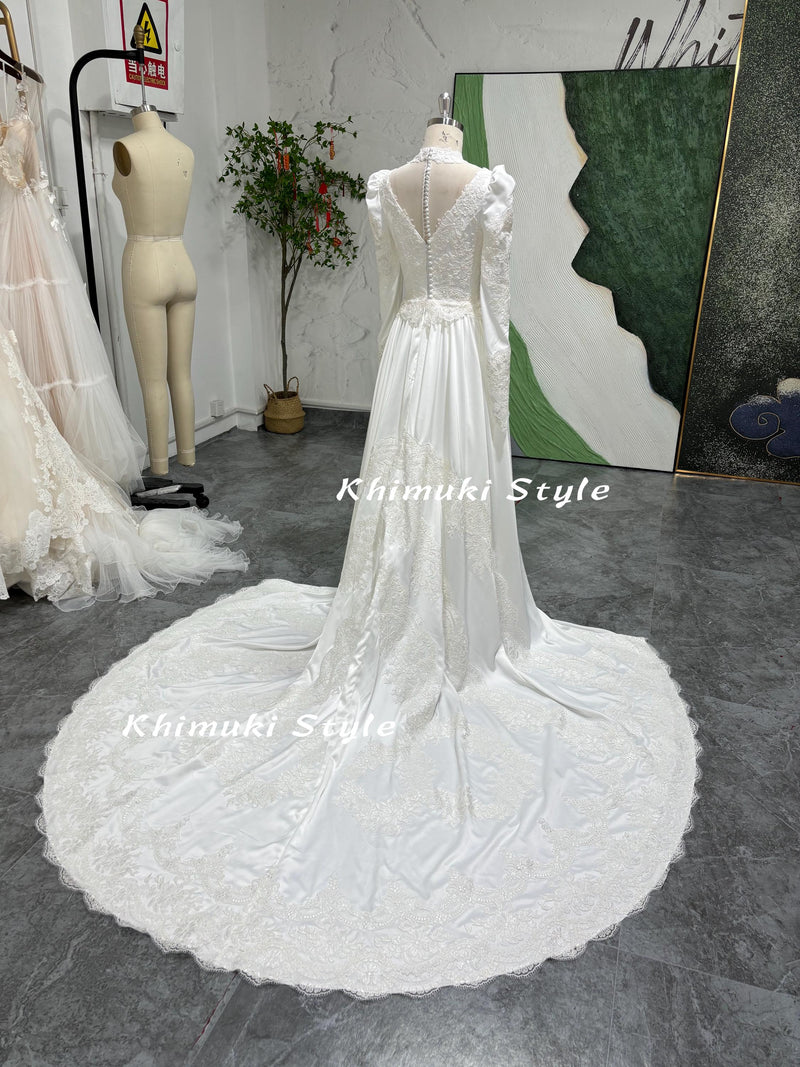 Vintage Lace Wedding Dress,Long Sleeve Wedding Dress with Detachable Skirt