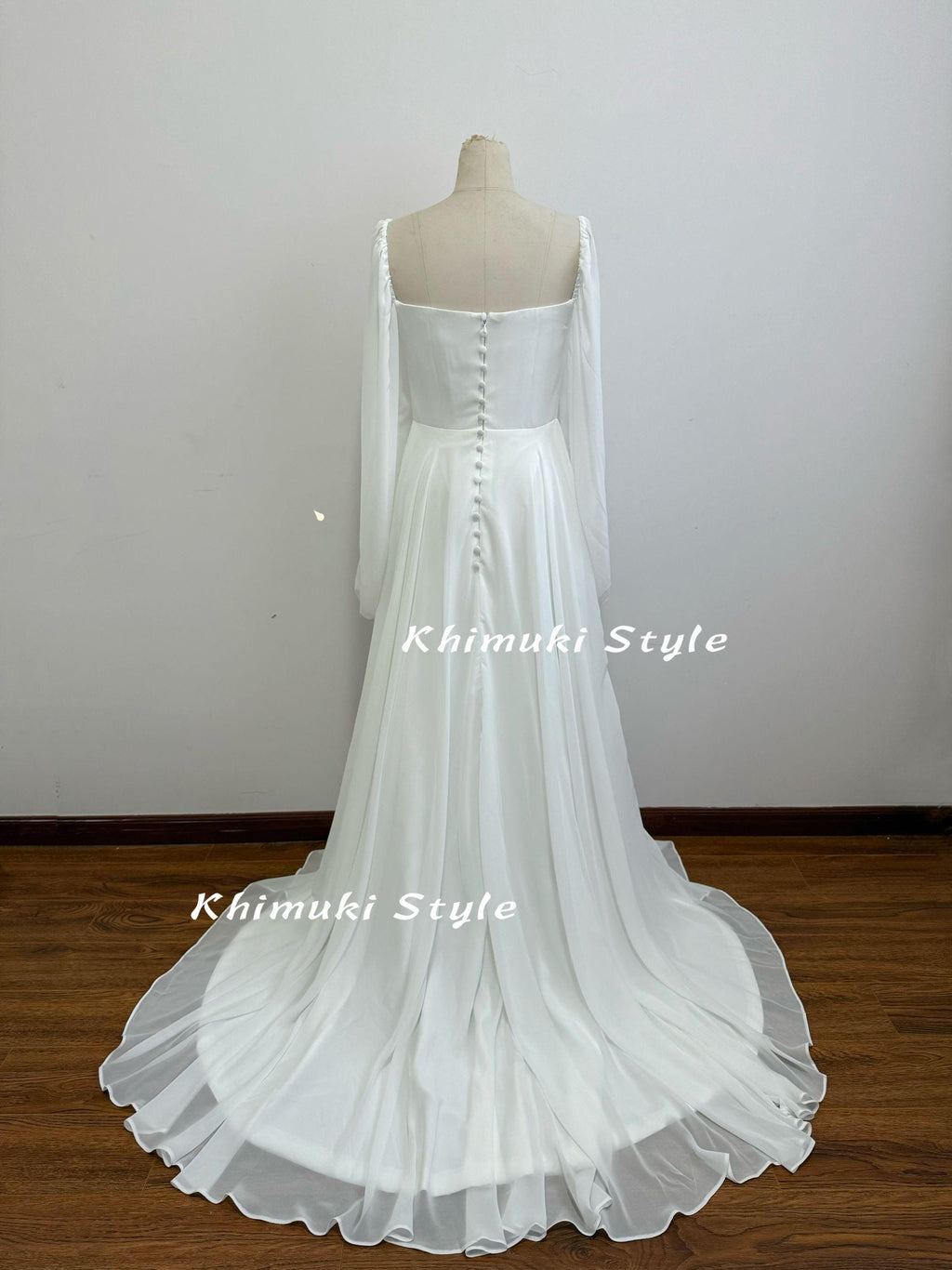 Square Neckline Wedding Dress,Long Sleeve Ivory Chiffon Wedding Dress