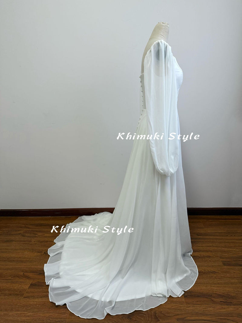 Square Neckline Wedding Dress,Long Sleeve Ivory Chiffon Wedding Dress
