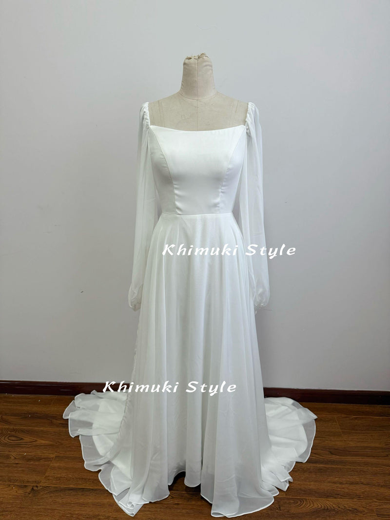 Square Neckline Wedding Dress,Long Sleeve Ivory Chiffon Wedding Dress
