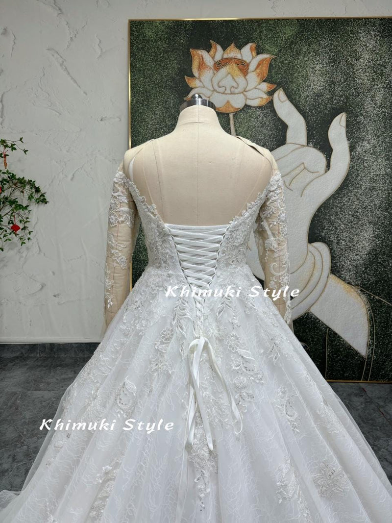 Ball Gown Sparkle Long Sleeve Lace Wedding Dress,Plus Size Wedding Dress