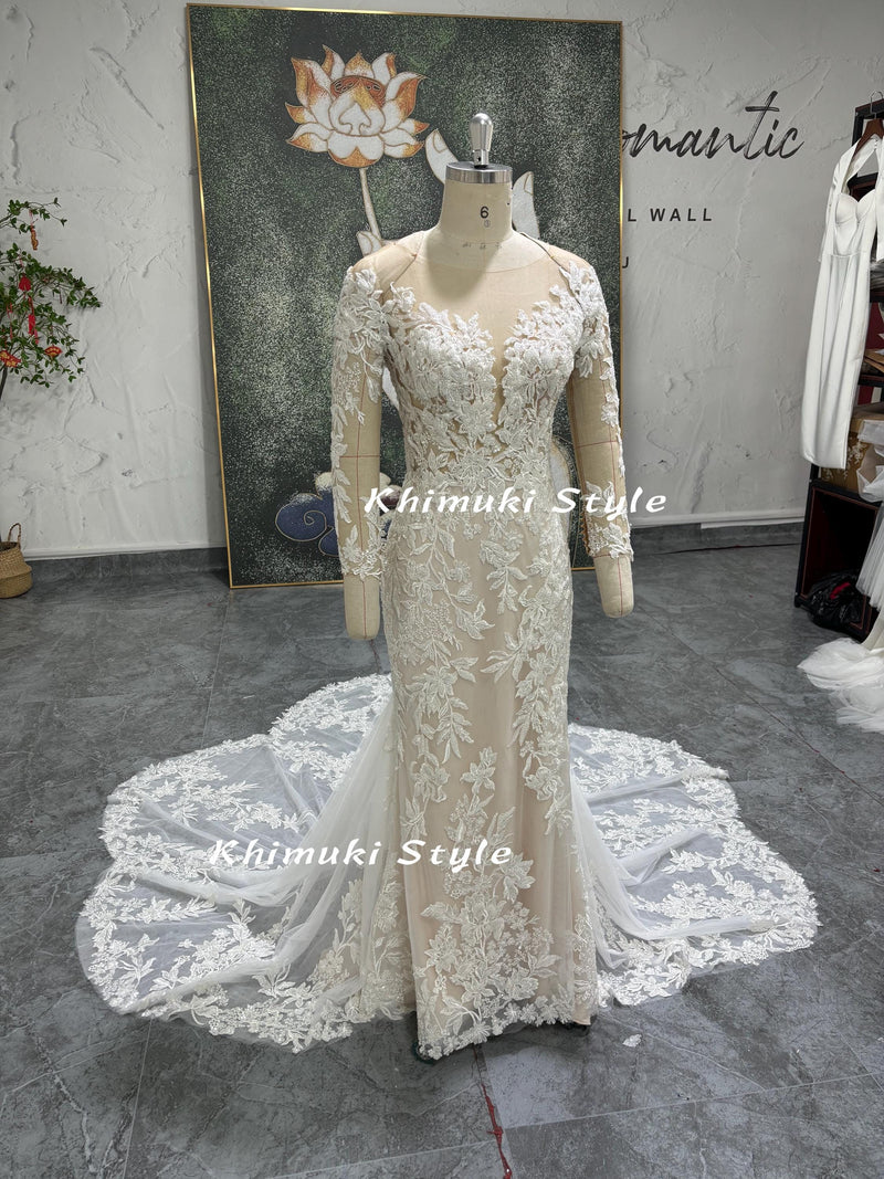 Classic Mermaid Long Sleeve Lace Wedding Dress,Colorful Wedding Dress
