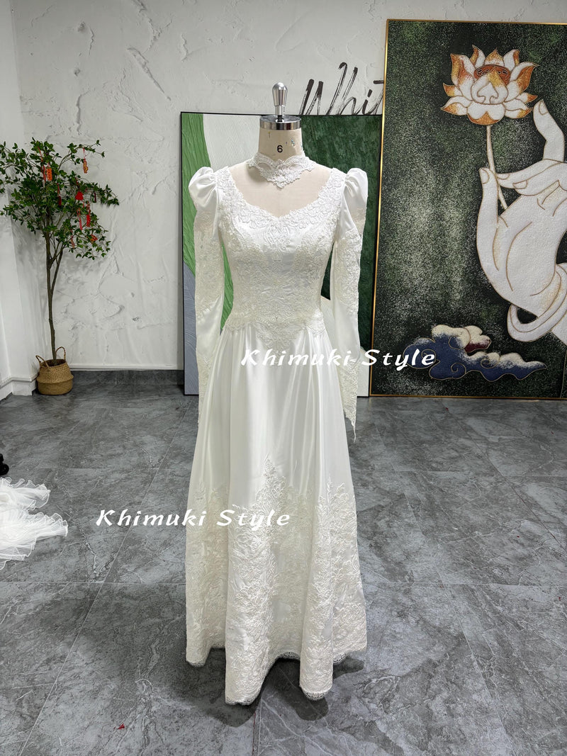 Vintage Lace Wedding Dress,Long Sleeve Wedding Dress with Detachable Skirt