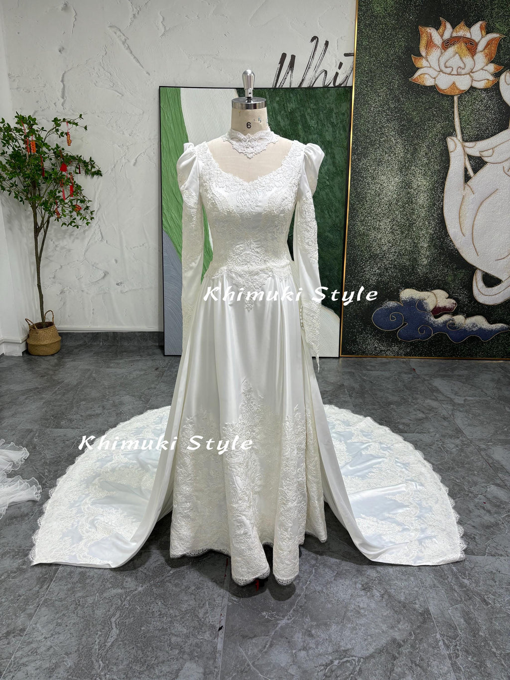 Vintage Lace Wedding Dress,Long Sleeve Wedding Dress with Detachable Skirt