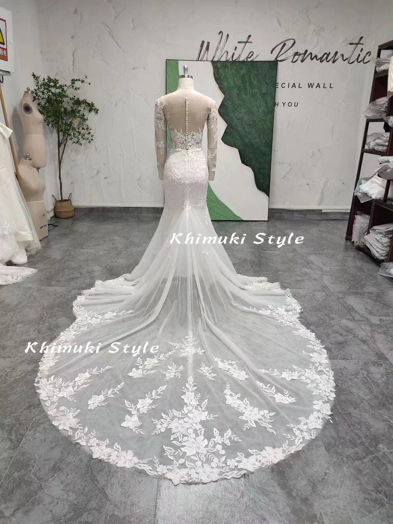 Classic Mermaid Long Sleeve Lace Wedding Dress,Sexy Sheer Lace Wedding Dress