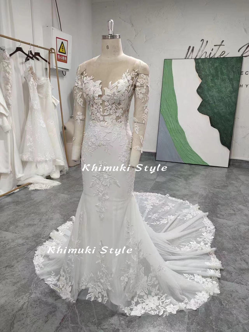 Classic Mermaid Long Sleeve Lace Wedding Dress,Sexy Sheer Lace Wedding Dress
