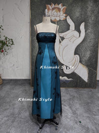 90S Split Prom Dress,Vintage Blue and Black Party Dress