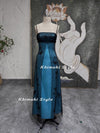 90S Split Prom Dress,Vintage Blue and Black Party Dress