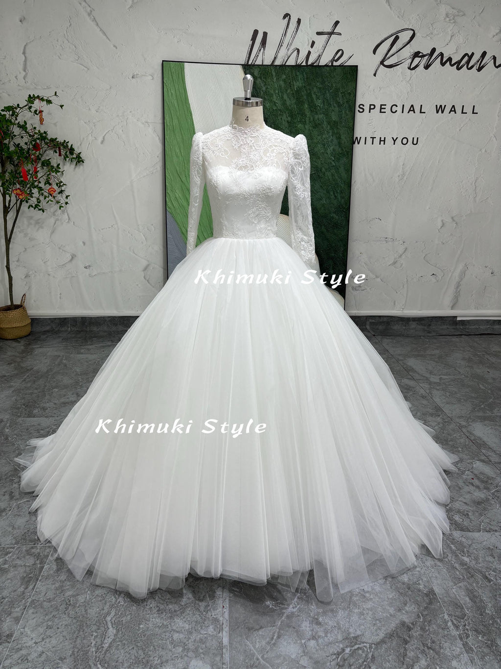 High Neck Long Sleeve Wedding Dress,Ball Gown Lace Wedding Dress