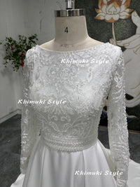 Long Sleeve V-back Boat-Neck Ivory Wedding Dress