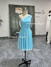 Knee Length One Shoulder Light Blue Bridesmaid Dress