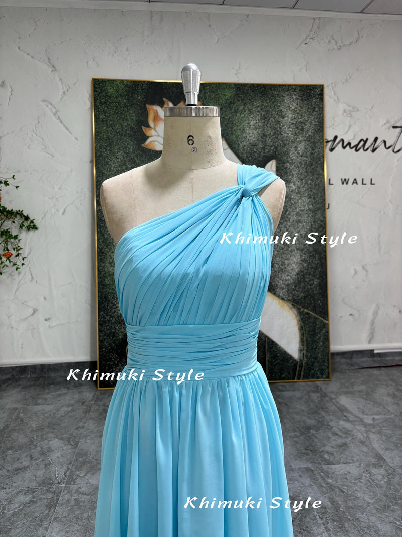 Knee Length One Shoulder Light Blue Bridesmaid Dress