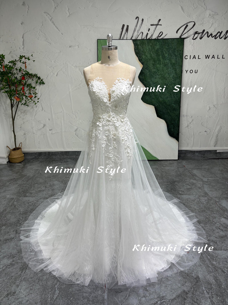 Hand Lace Wedding Gown,Luxury White Tulle Wedding Dress