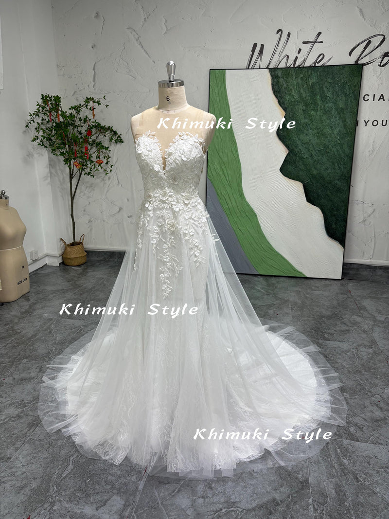 Hand Lace Wedding Gown,Luxury White Tulle Wedding Dress