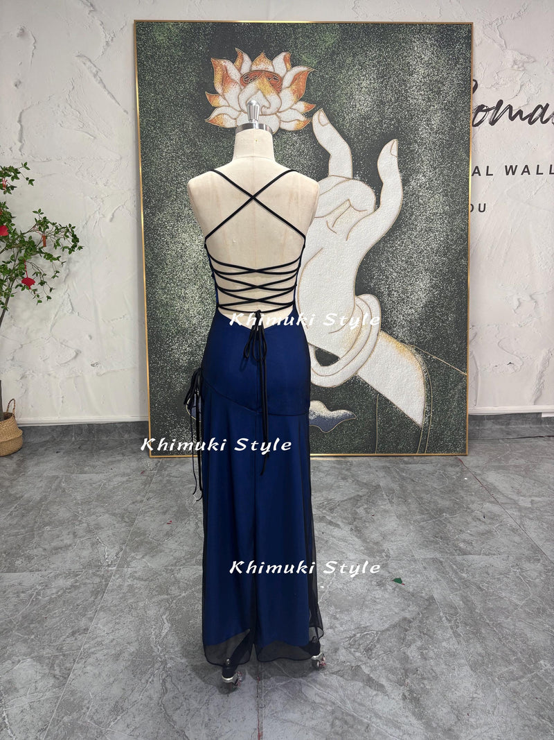 Sexy Slit Square Neckline Black and Blue Party Dress,90S Vintage Prom Dress