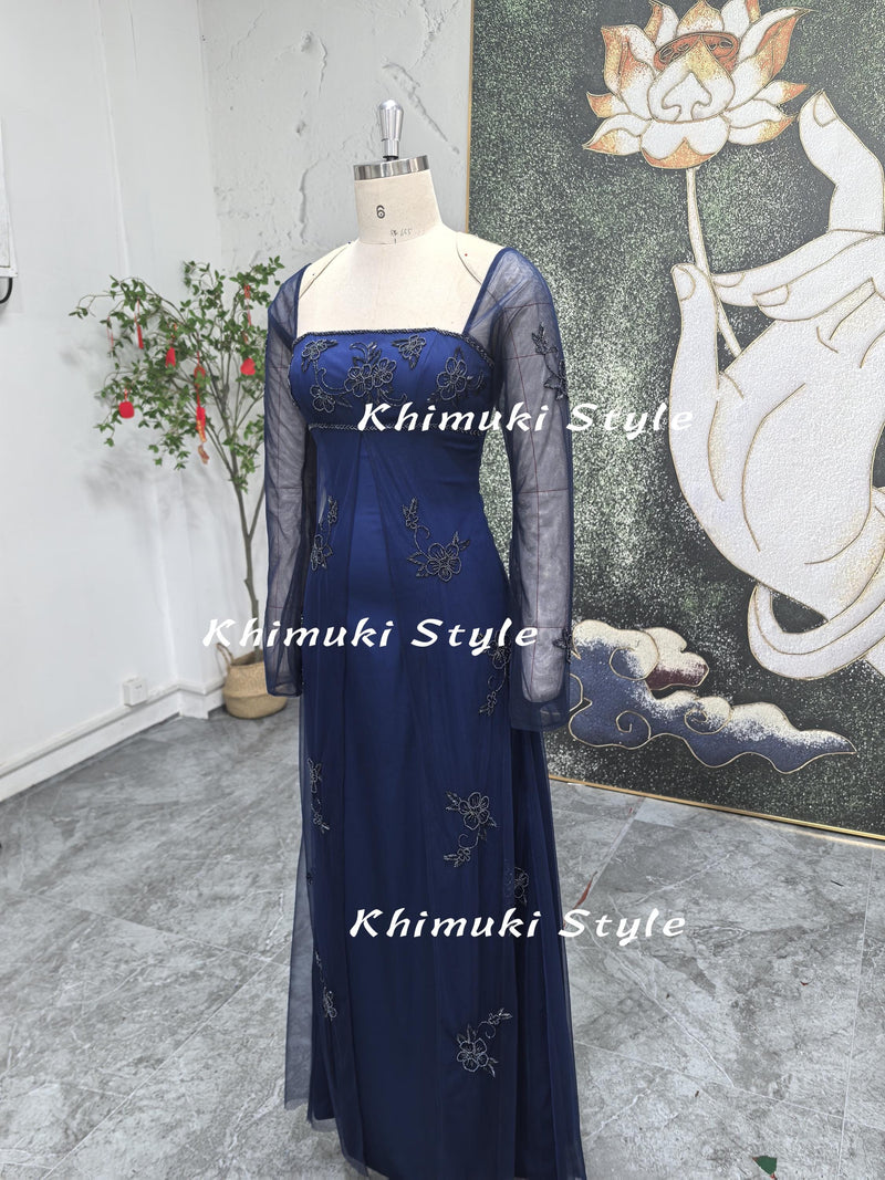 Long Sleeves Prom Dress,2000S Navy Blue Party Dress