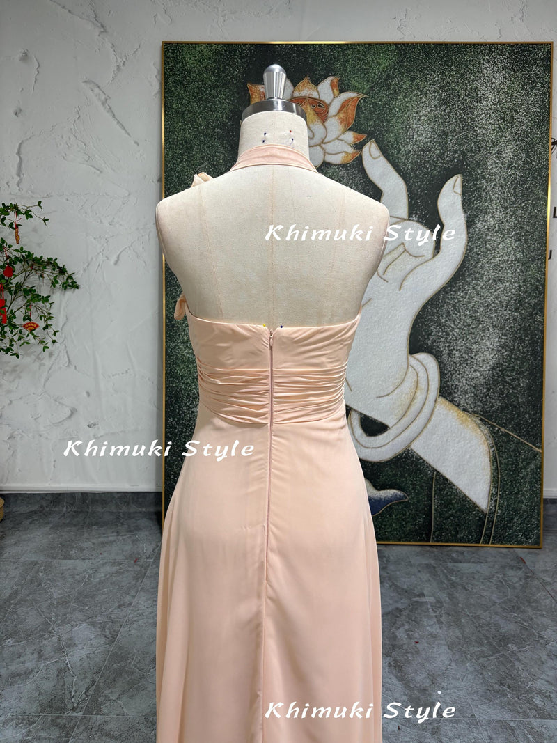 90S Party Dress,Blush Wedding Guest Dress,Vintage Halter Neckline Bridesmaid Dress