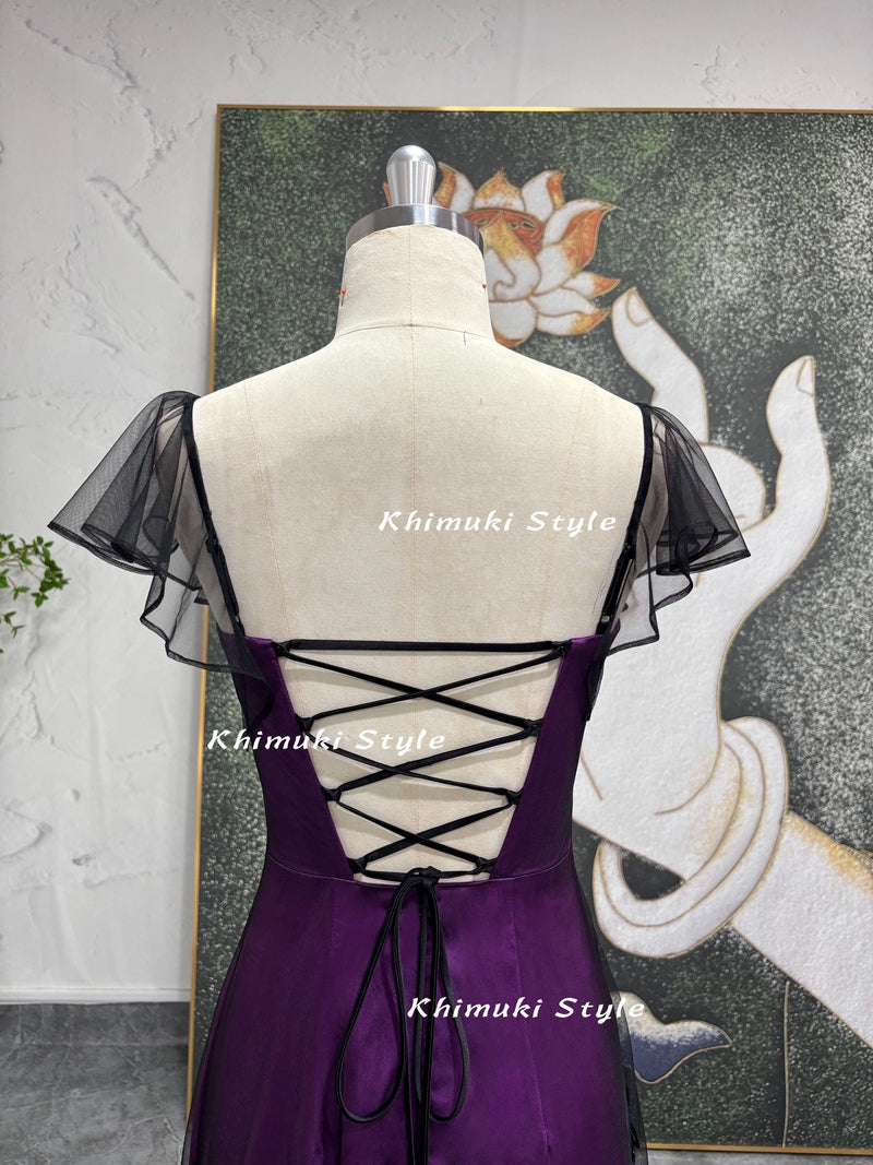 Square Neckline Purple Prom Dress, Butterfly Sleeve 2000S Party Dress