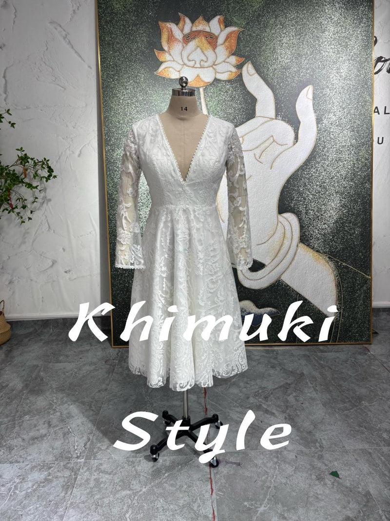 Short Wedding Dress,Long Sleeve Boho Wedding Dress,Informal Lace Wedding Dress