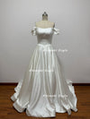 Off the Shoulder Sleeve Wedding Dress,Ivory Satin V-waistline Wedding Dress with Pockets