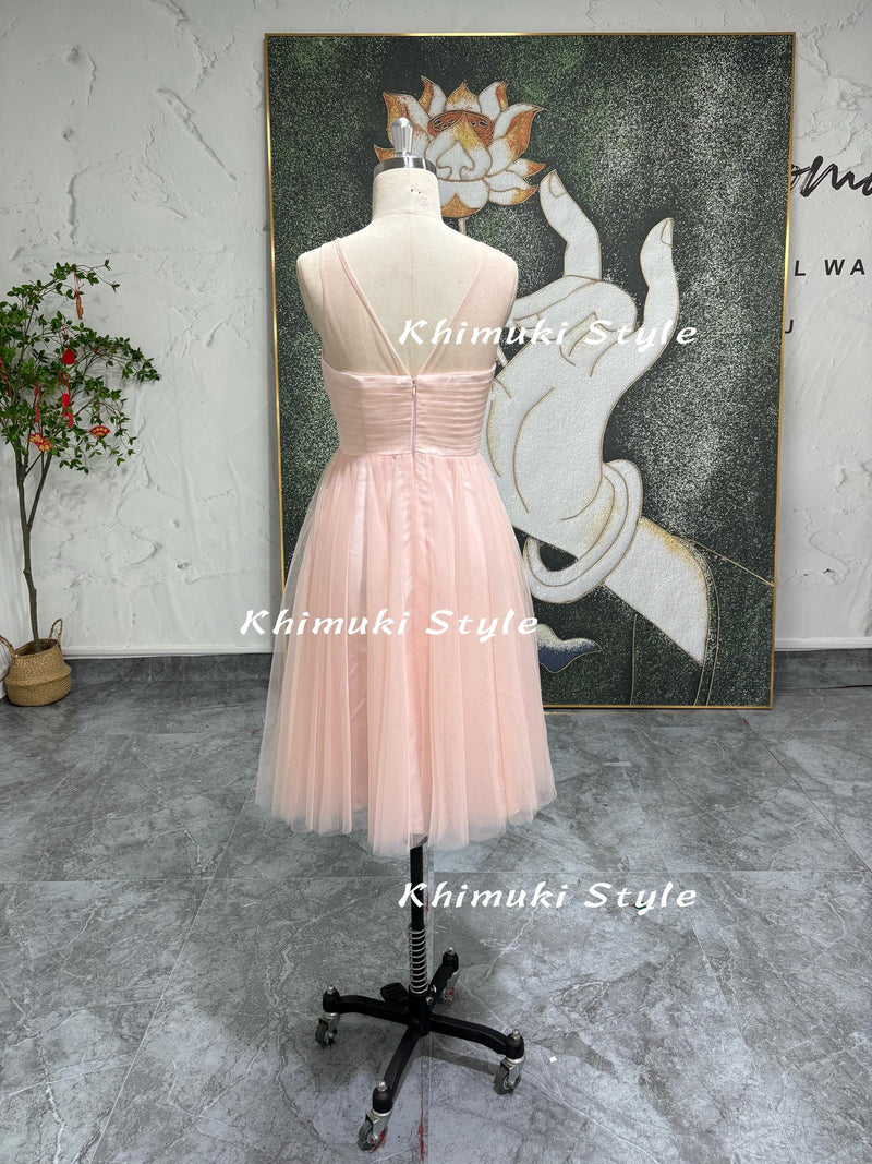 Formal Mesh Party Dress, Knee length Pink Bridesmaid Dress