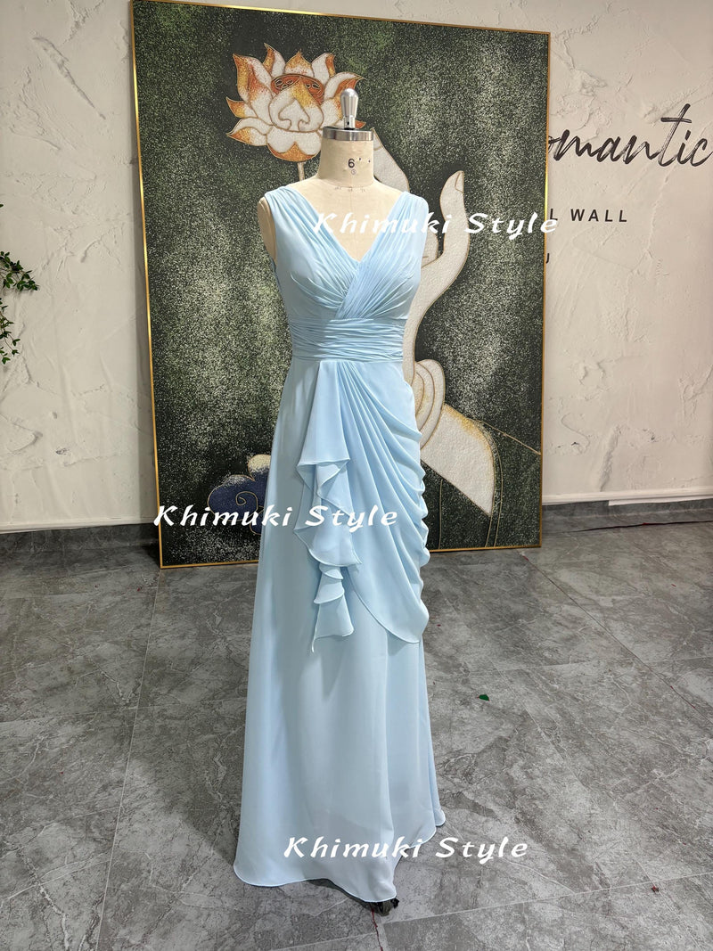 V-neck Formal Party Dress,Vintage Long Sky Blue Bridesmaid Dress,Blue Wedding Guest Dress