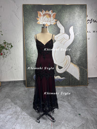 Vintage Black and Red Party Dress,Handmade Beaded Prom Dress,V-neck Long Evening Dress