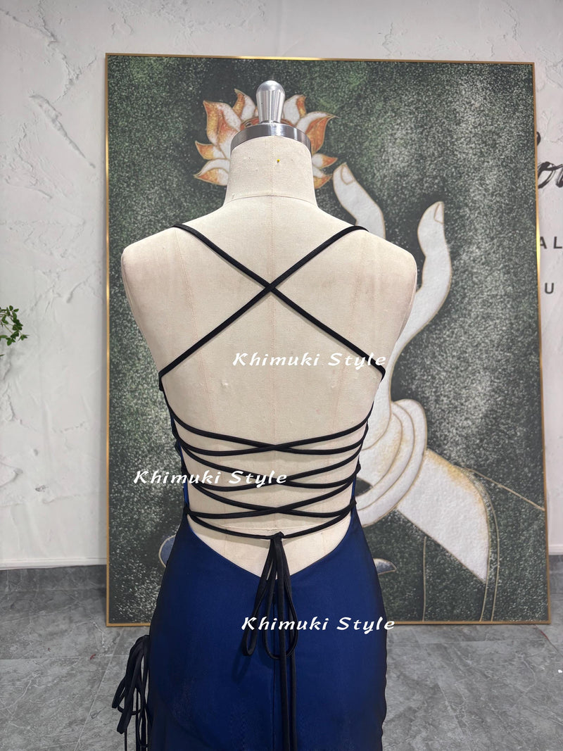 Sexy Slit Square Neckline Black and Blue Party Dress,90S Vintage Prom Dress