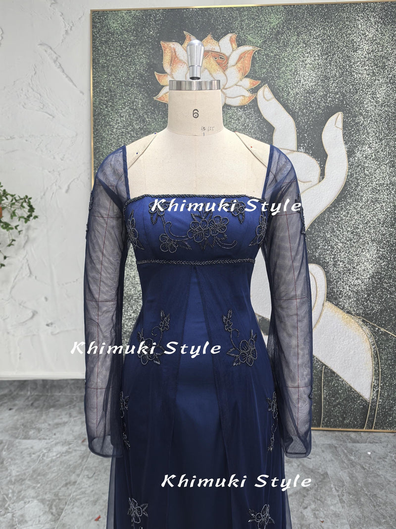 Long Sleeves Prom Dress,2000S Navy Blue Party Dress