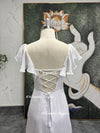 Beaded Square Neckline White Prom Dress,Vintage Butterfly Sleeve White Party Dress