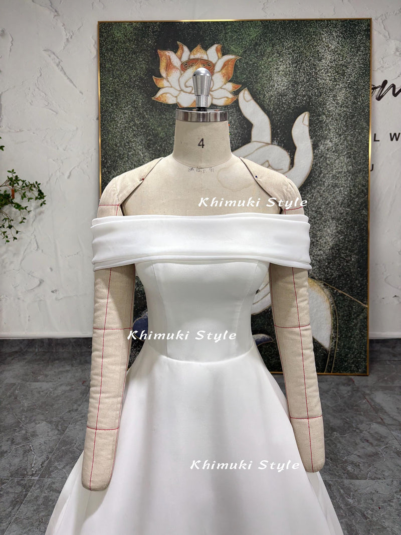 White Off the Shoulder Wedding Dress,Organza Wedding Dress,Straight Neck Wedding Dress