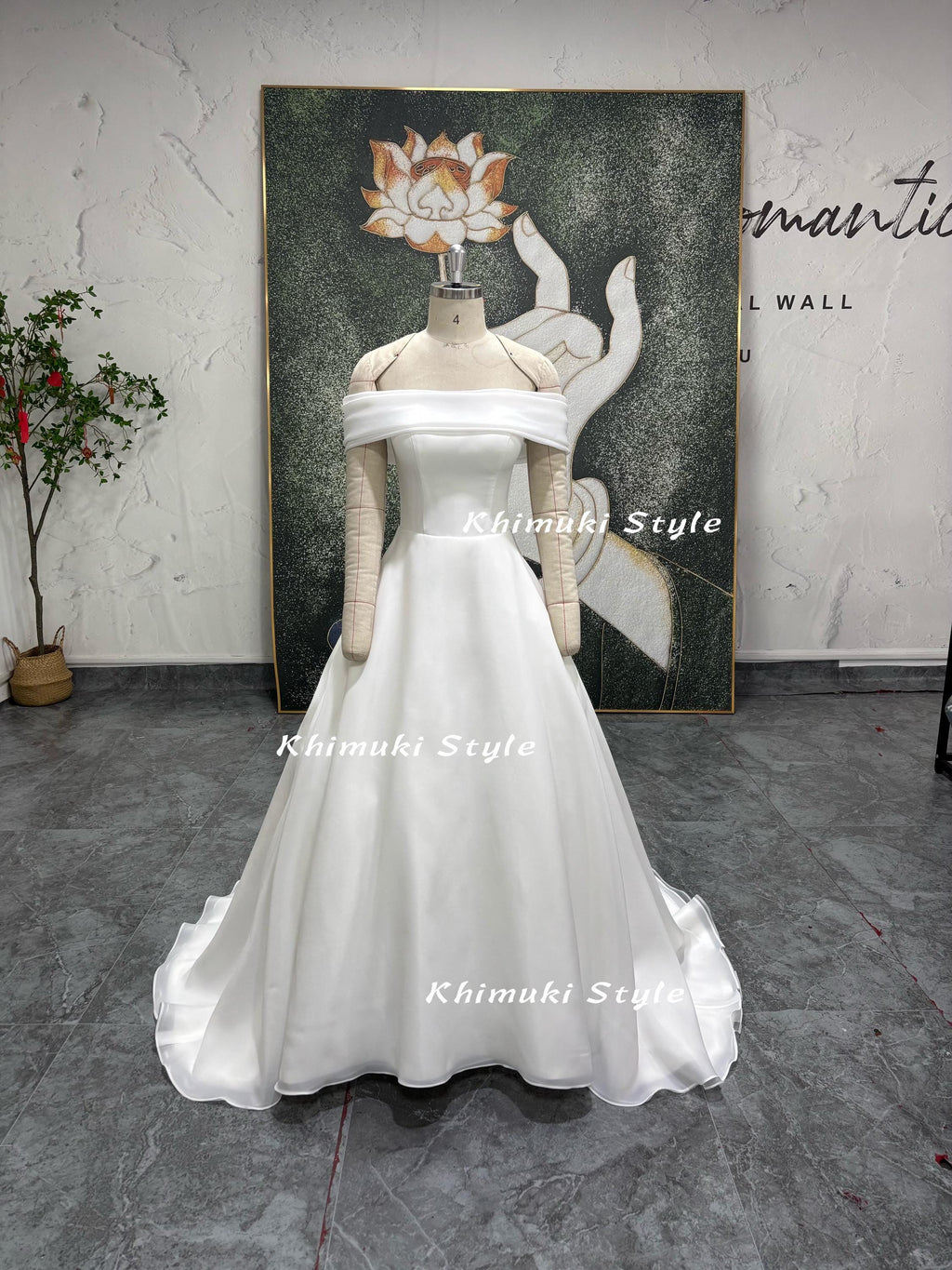 White Off the Shoulder Wedding Dress,Organza Wedding Dress,Straight Neck Wedding Dress