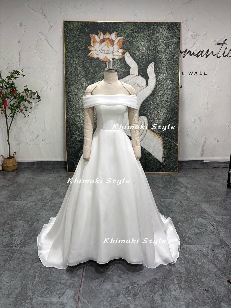 White Off the Shoulder Wedding Dress,Organza Wedding Dress,Straight Neck Wedding Dress
