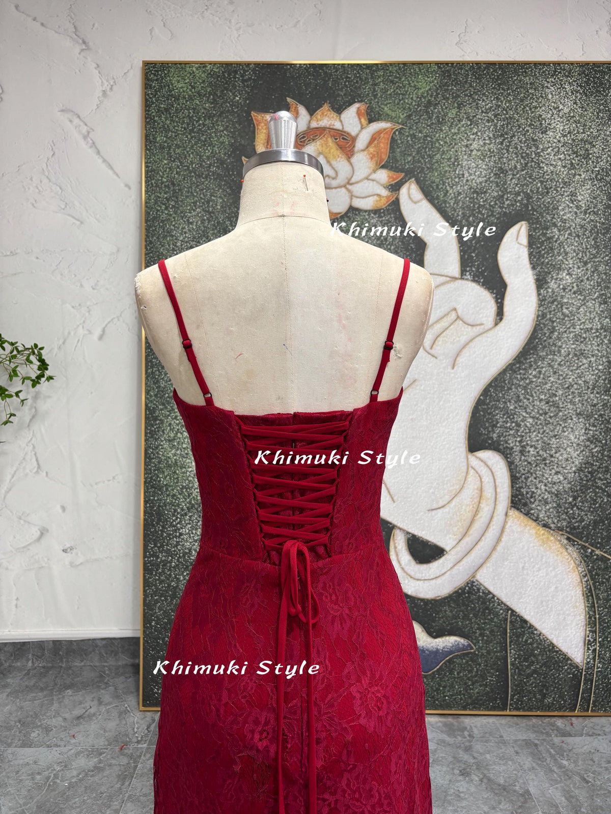 Vintage Red Prom Dress,90s Lace Party Dress,Red Slit Prom Dress