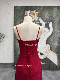 Vintage Red Prom Dress,90s Lace Party Dress,Red Slit Prom Dress