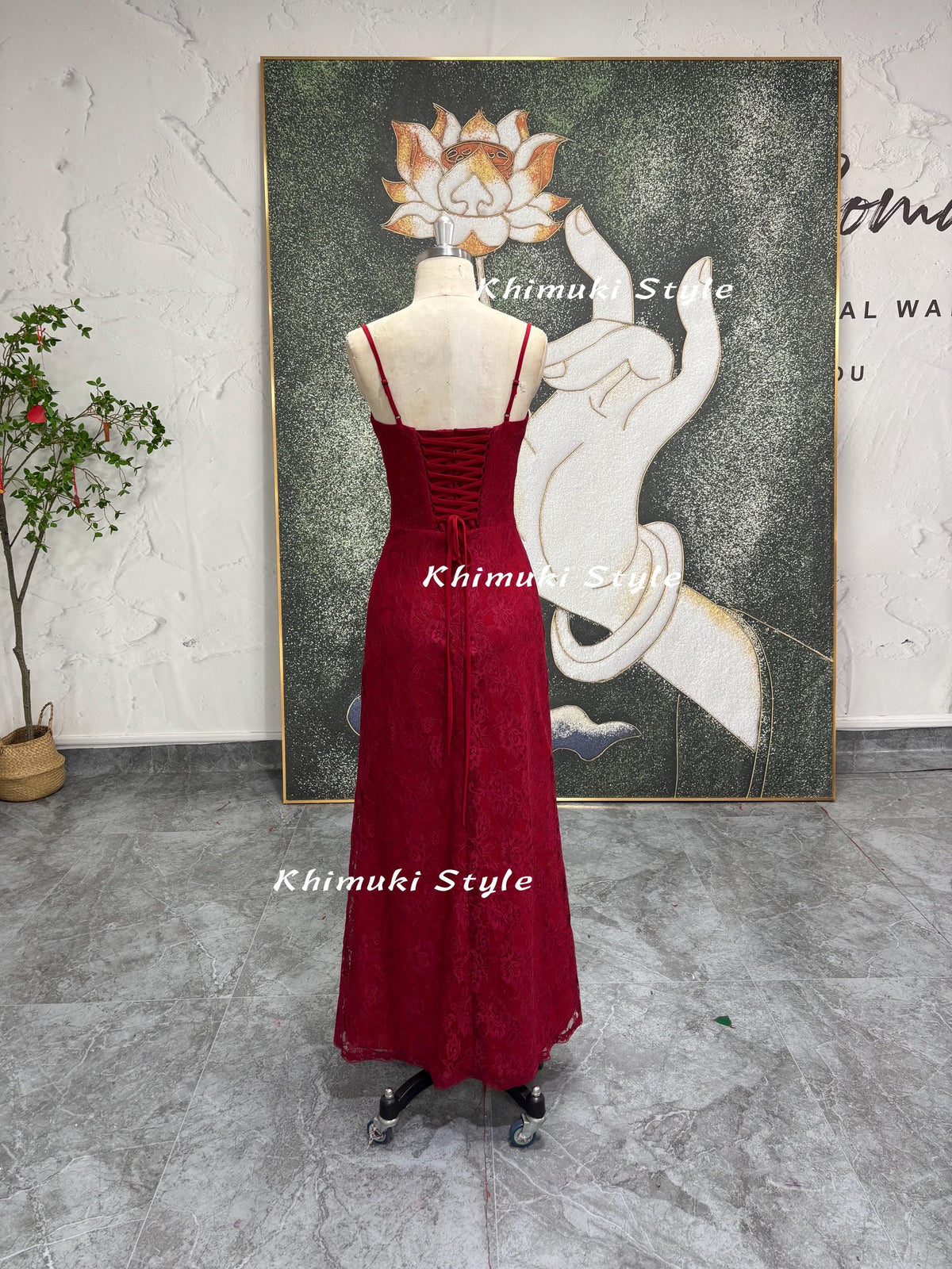 Vintage Red Prom Dress,90s Lace Party Dress,Red Slit Prom Dress