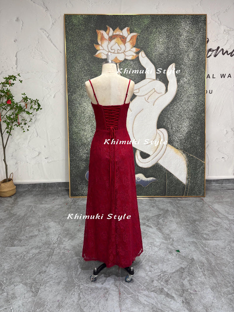 Vintage Red Prom Dress,90s Lace Party Dress,Red Slit Prom Dress