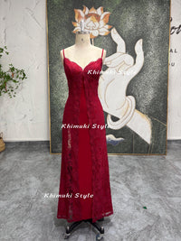 Vintage Red Prom Dress,90s Lace Party Dress,Red Slit Prom Dress