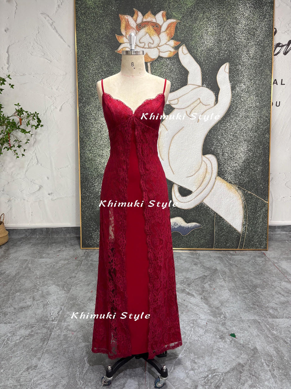 Vintage Red Prom Dress,90s Lace Party Dress,Red Slit Prom Dress