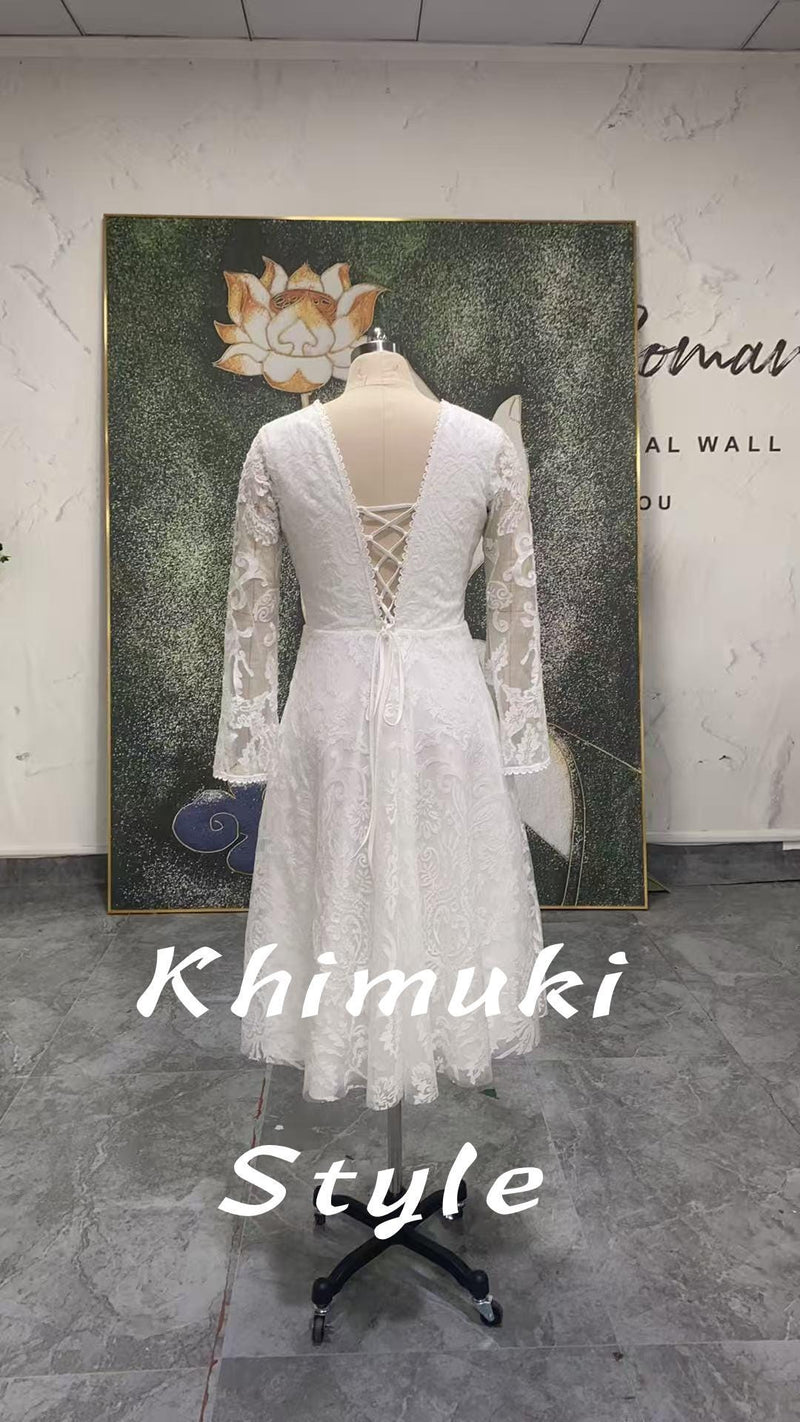 Short Wedding Dress,Long Sleeve Boho Wedding Dress,Informal Lace Wedding Dress