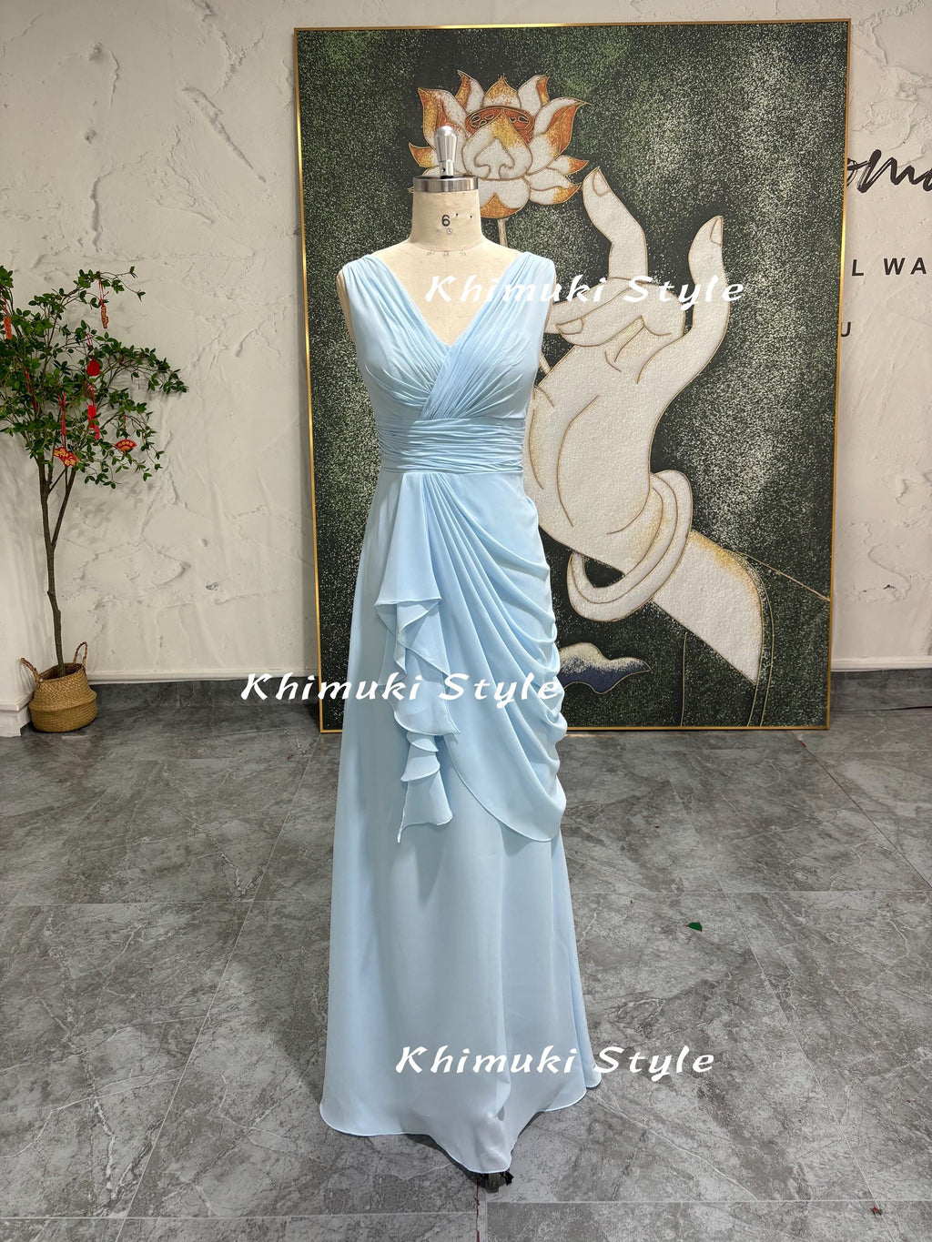 V-neck Formal Party Dress,Vintage Long Sky Blue Bridesmaid Dress,Blue Wedding Guest Dress