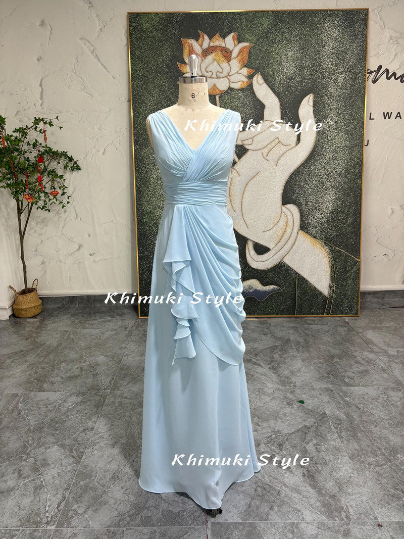 V-neck Formal Party Dress,Vintage Long Sky Blue Bridesmaid Dress,Blue Wedding Guest Dress